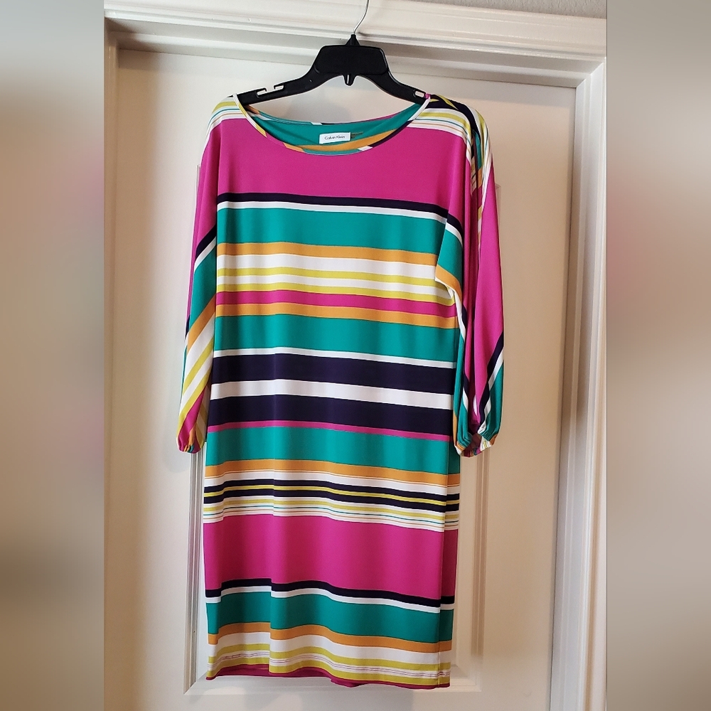 Calvin Klein Pink and Green Striped Long Sleeve Dress